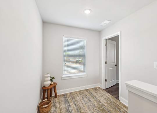 A room with a window, a door, and a carpet.