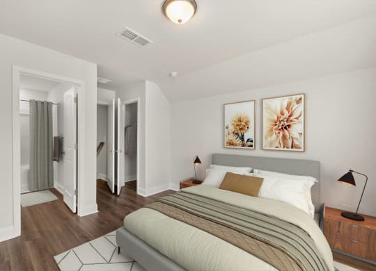 a bedroom with a bed and a closet