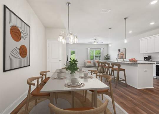The intimate dining space elegantly set for six