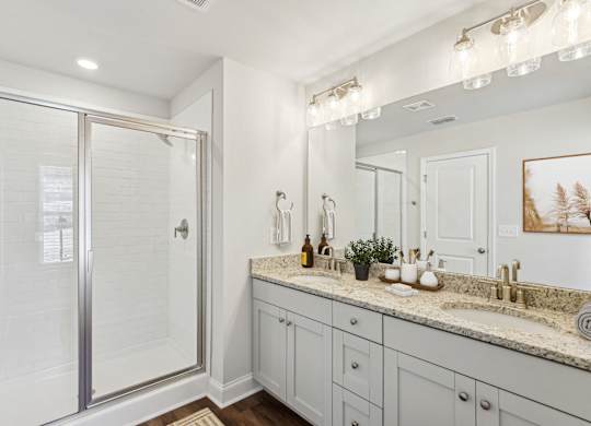 a bathroom with a shower and a sink and a mirror