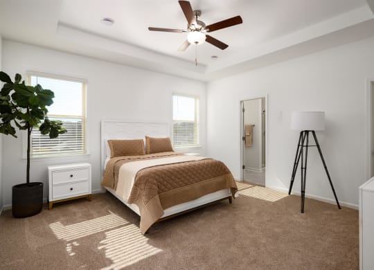 a bedroom with a bed and a ceiling fan