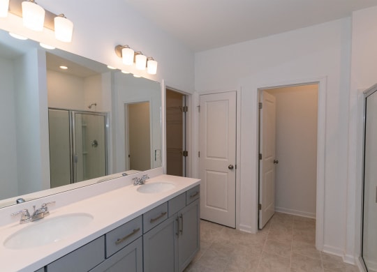 a bathroom with two sinks and a large mirror