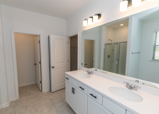 a bathroom with two sinks and a large mirror