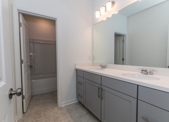 a bathroom with two sinks and a mirror and a shower