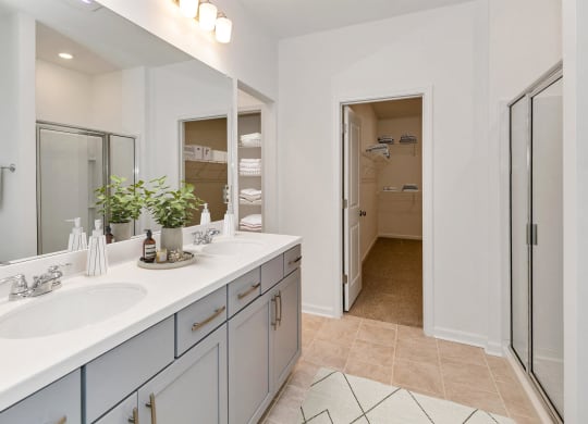 a bathroom with two sinks and a large mirror