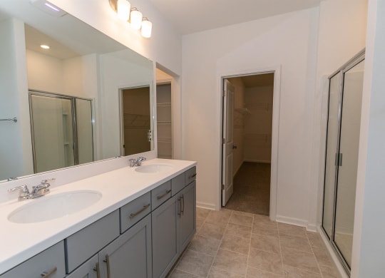 a bathroom with two sinks and a large mirror
