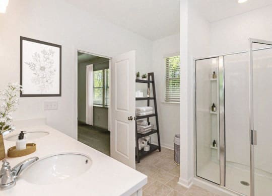 a bathroom with a sink and a shower