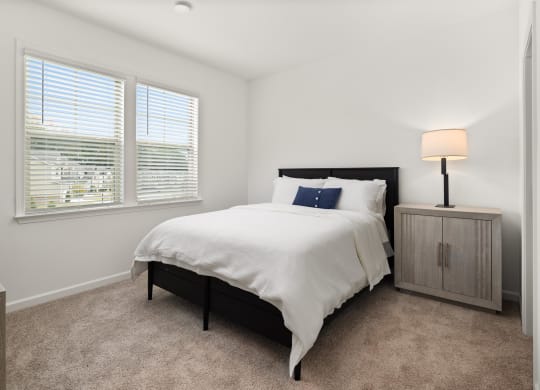 a bedroom with a bed and two windows