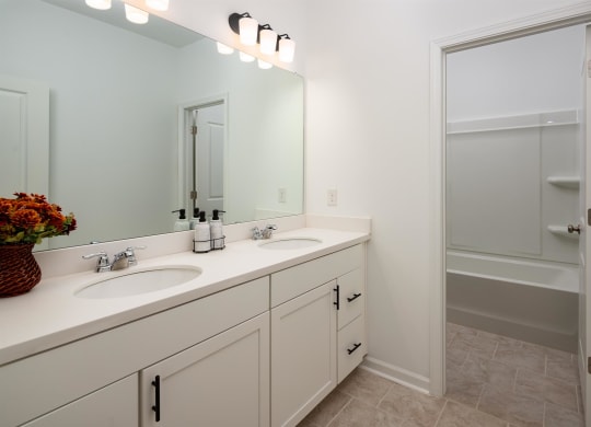 a bathroom with two sinks and a shower