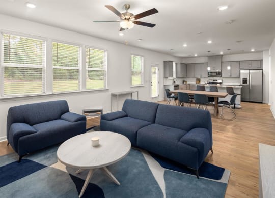 a living room with couches and a table