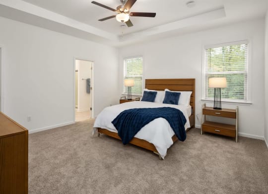 a bedroom with a bed and a ceiling fan
