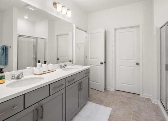 a bathroom with two sinks and a mirror