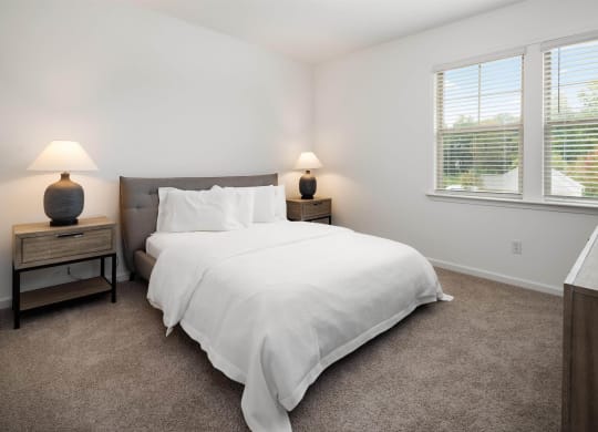 a bedroom with a bed and two windows