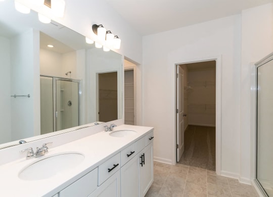 a bathroom with two sinks and a large mirror