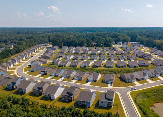 Scenic aerial shot capturing the homes and neighborhood streets.