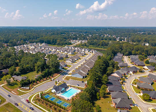 Elevated perspective showcasing the community’s homes and surroundings.