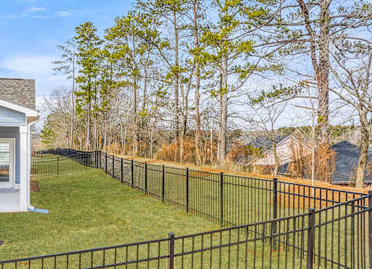 A small blue house with a black fence in front of a row of trees.