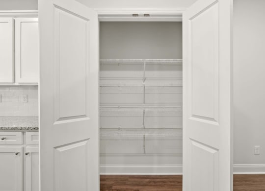 a pantry with white cabinets and white walls and a wood floor