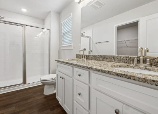 a bathroom with a sink and a toilet and a shower