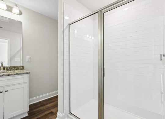 a bathroom with a shower and a sink