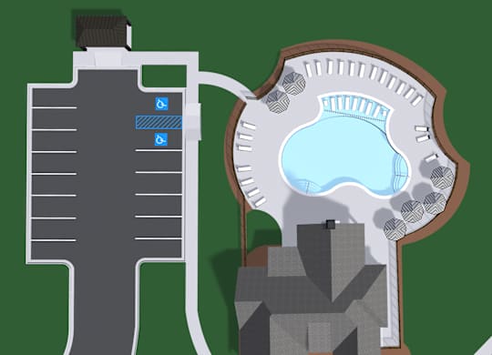 A map shows a water tower and a building with a pool.