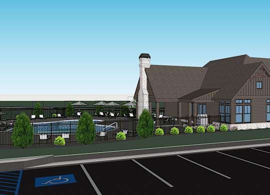 A rendering of a building with a parking lot in front.