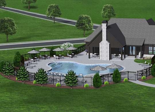 A rendering of a house with a pool and a patio area.