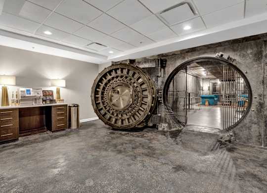 A large clock is the focal point of this room.