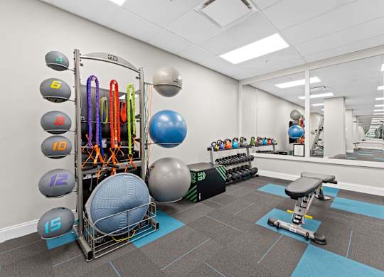 A gym with a variety of equipment including a weight rack, exercise balls, and a bench press.