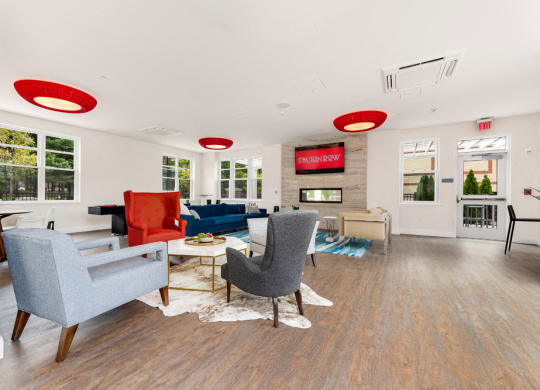 lobby of station row with fireplace and lounge seating