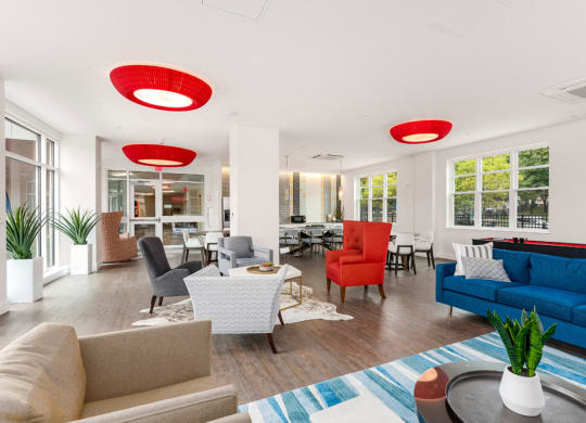 lobby of station row with fireplace and lounge seating