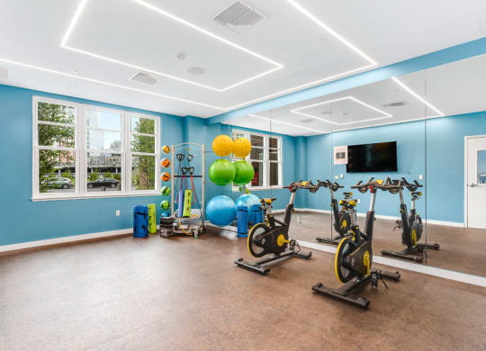 Yoga studio at station row with spin bikes