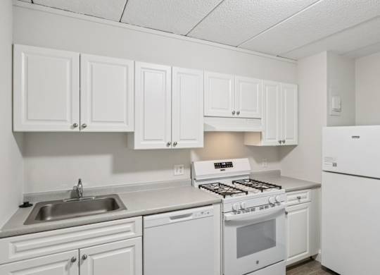 A white kitchen with a stove, sink, and cabinets.
