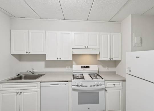 A white kitchen with a stove, sink, and refrigerator.