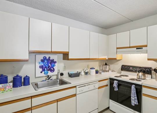 A kitchen with white cabinets and a stove top oven.