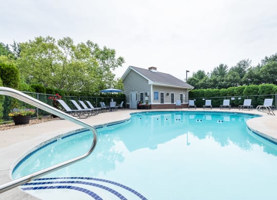 pool deck with seating and surrounding foliage