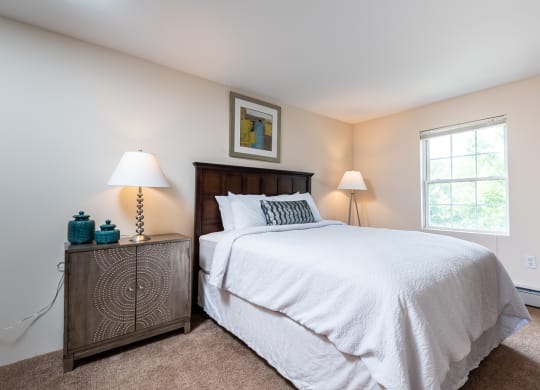 Two bedroom with large windows and plush carpet