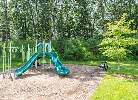 a playground with a slide and a bench in a park