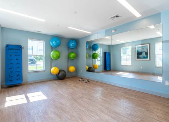 a yoga room with a large mirror and a colorful ball system on the wall