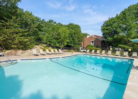 A large swimming pool surrounded by trees and lounge chairs.