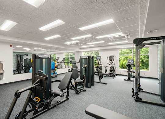 A gym with a variety of equipment including a rowing machine, a leg press machine, and a bench.