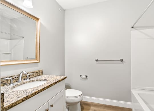 Ashland woods apartment bathroom with vinyl flooring, granite countertop