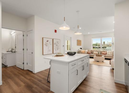 A modern kitchen with white cabinets and a wooden floor.