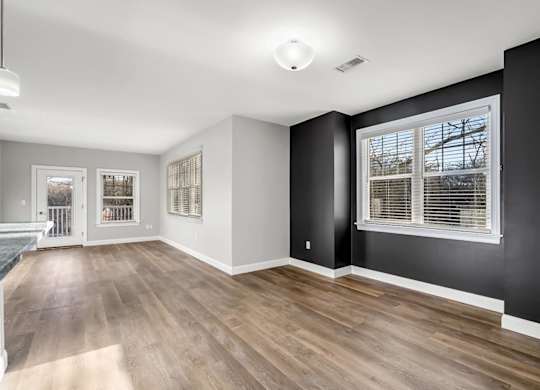 Ashland woods apartment large floor plan, accent wall, and large open windows.