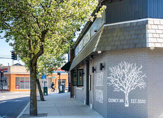 A tree is in front of a building with a sign that says Quincy, MA established 2020.