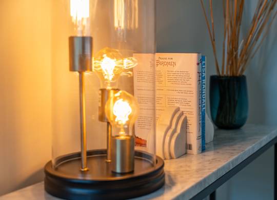 A table with a book, a vase with reeds, and a lamp with a glowing bulb at the Mastlight.