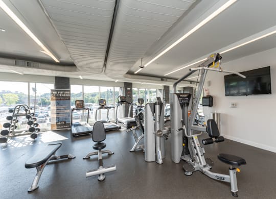 a gym with weights and cardio equipment and a view of the city