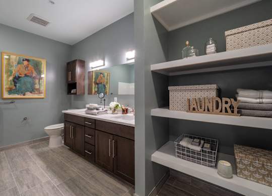 A modern bathroom with dual sinks, quartz countertops, and contemporary cabinetry.