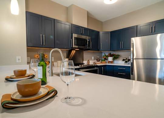 A modern kitchen with stainless steel appliances, quartz countertops, and dark cabinetry.