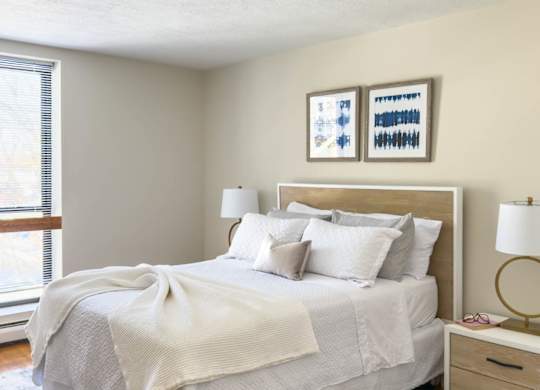 A bedroom with a large bed and a blue patterned rug.
